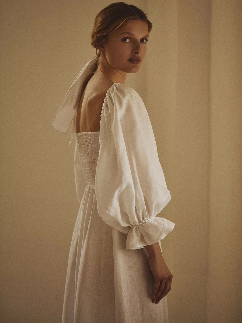 Sleeper Size S Atlanta 100% Linen Billow Sleeve Midi Dress in White